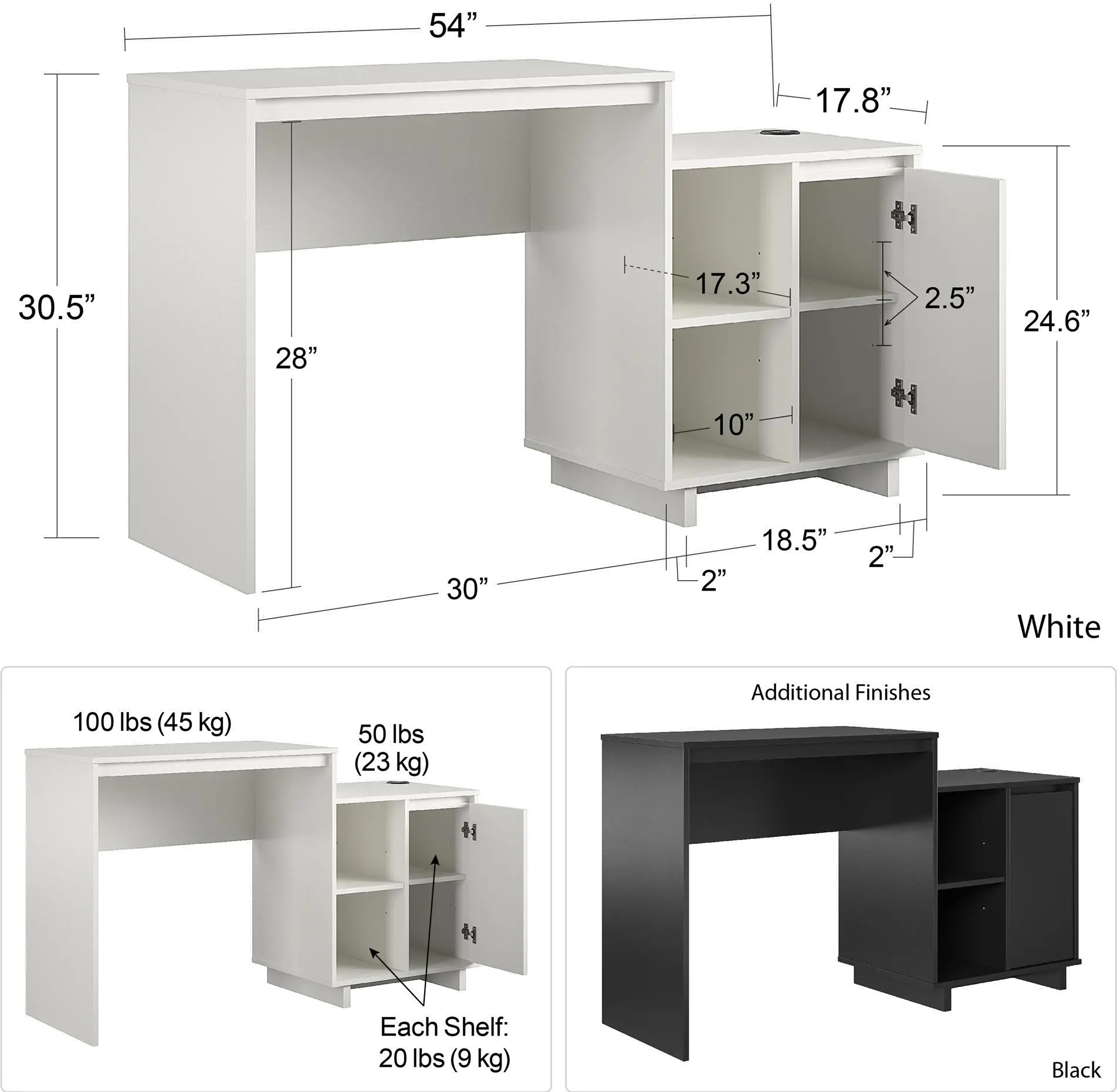 Ravelston Black Computer Desk with Cabinet and Wireless Charging Port