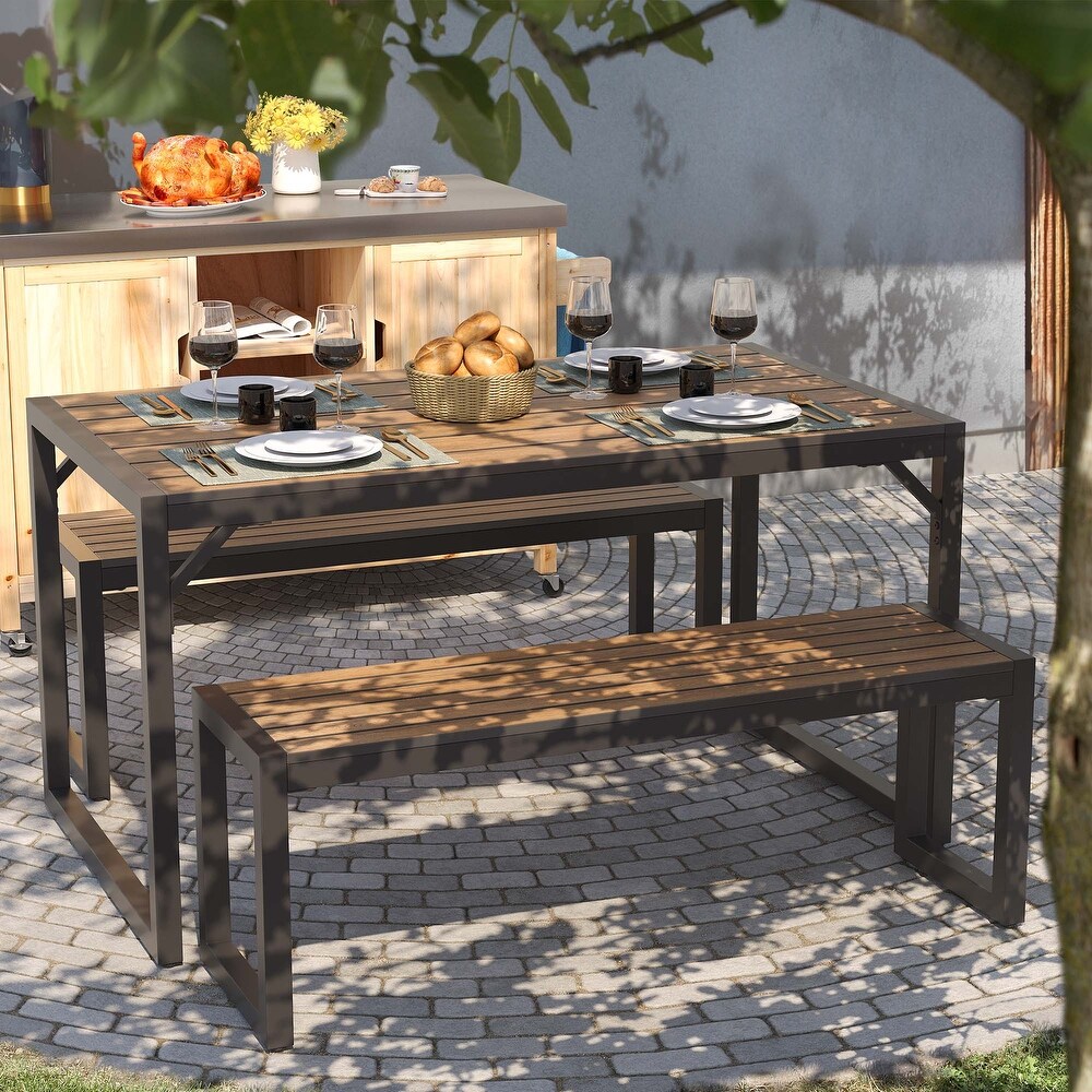 Moasis Outdoor Patio Dining Table Set and Bench with Faux Wood Tabletop