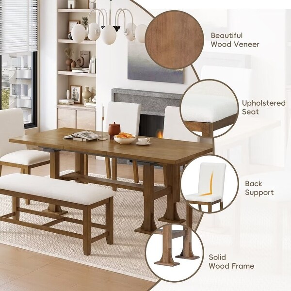 Extendable Dining Table Set，with Removable Leaf and Upholstered Chairs