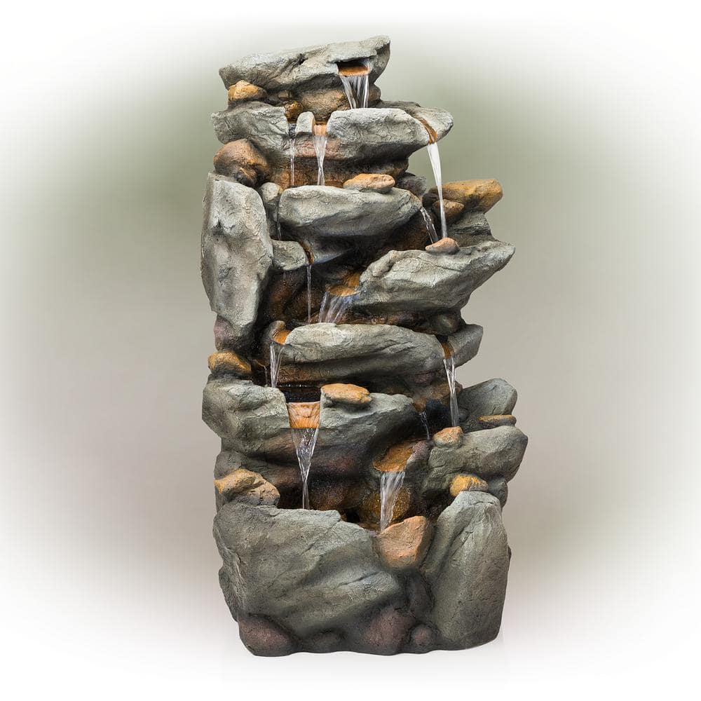 Alpine Corporation 50 in. Tall Outdoor 8-Tier Rock Waterfall Fountain with LED Lights, Grey TZL130