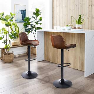 Art Leon Modern Cognac Faux Leather Swivel Adjustable Height Bar Stools with Black Base Set of 2 BS006-4