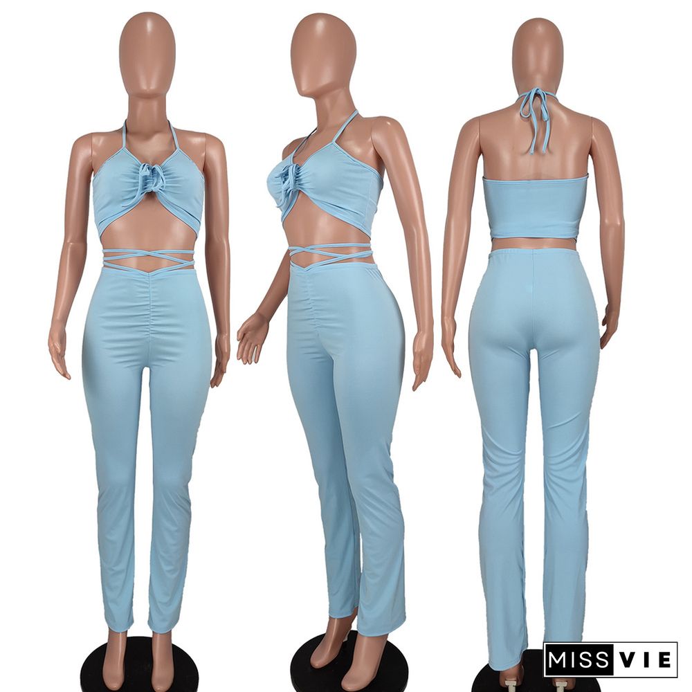 Halter Backless Crop Top and Full Pants Set