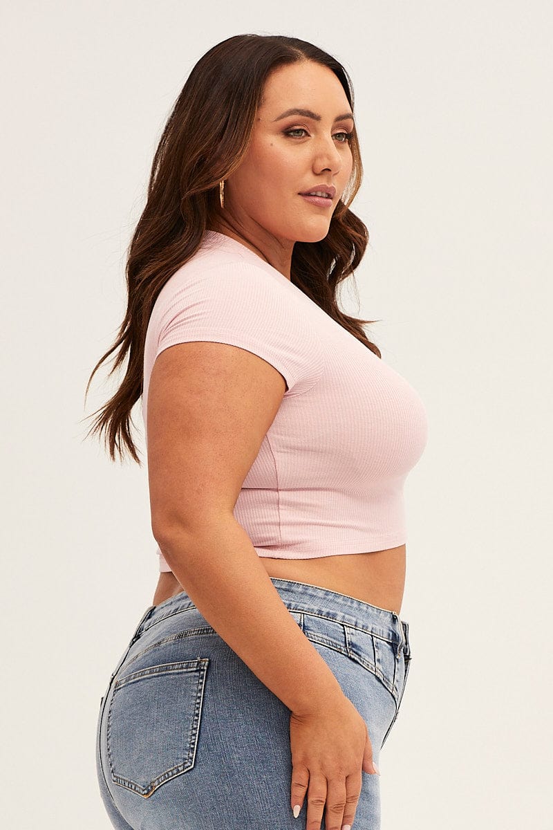 Pink Short Sleeve Pink Crop Rib Jersey Top