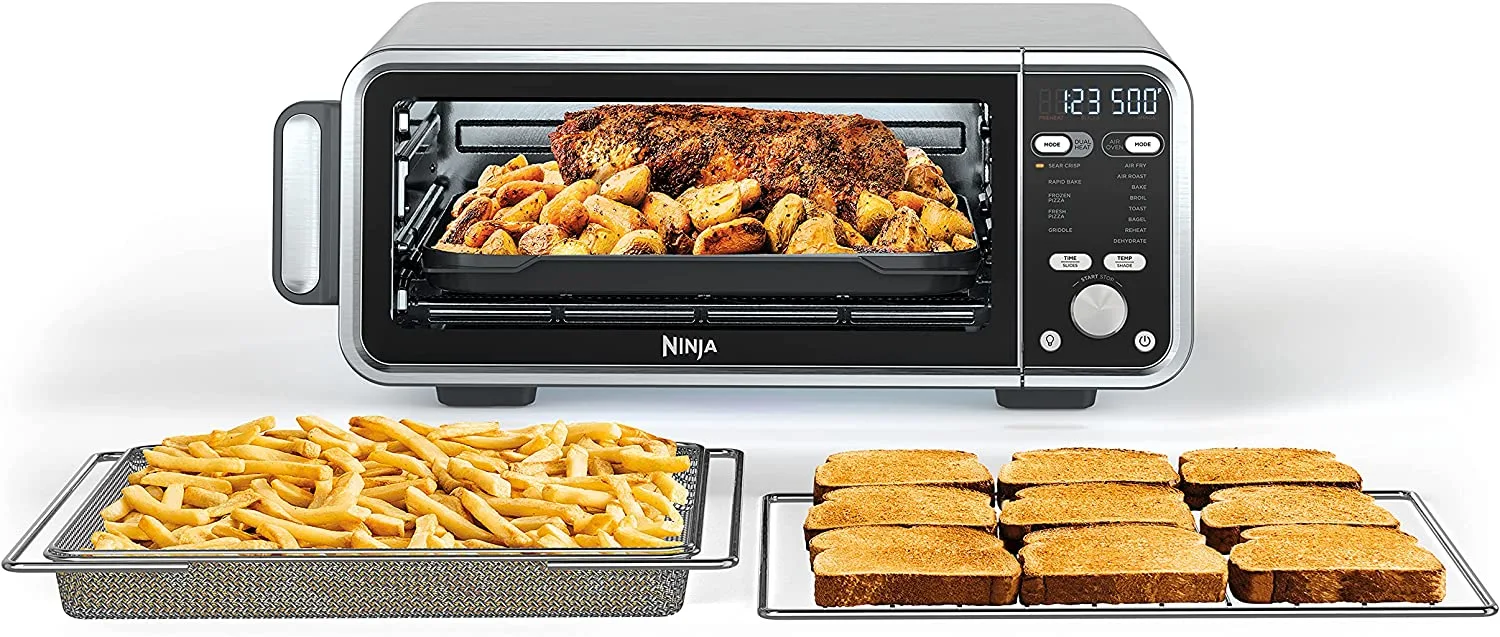 Ninja SP301 Dual Heat Air Fry Countertop 13-in-1 Oven with Extended Height， XL Capacity， Flip Up and Away Capability for Storage Space， with Air Fry Basket， SearPlate， Wire Rack and Crumb Tray， Silver