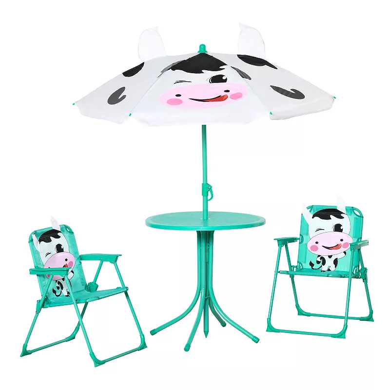 Outsunny Kids Picnic Table and Chair Set Outdoor Folding Garden Furniture for Patio Backyard with Dairy Cow Pattern Removable and Height Adjustable Sun Umbrella Aged 3 6 Years Old