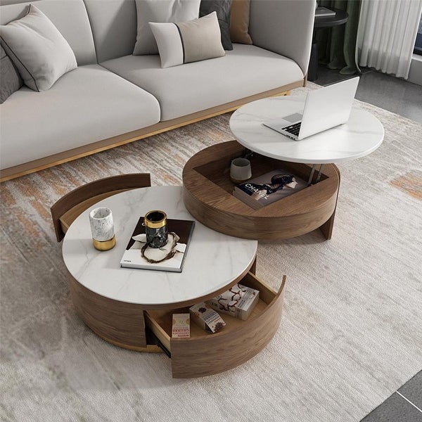 Modern Nesting Lift-Top Round Coffee Tables Set， Marble Finished