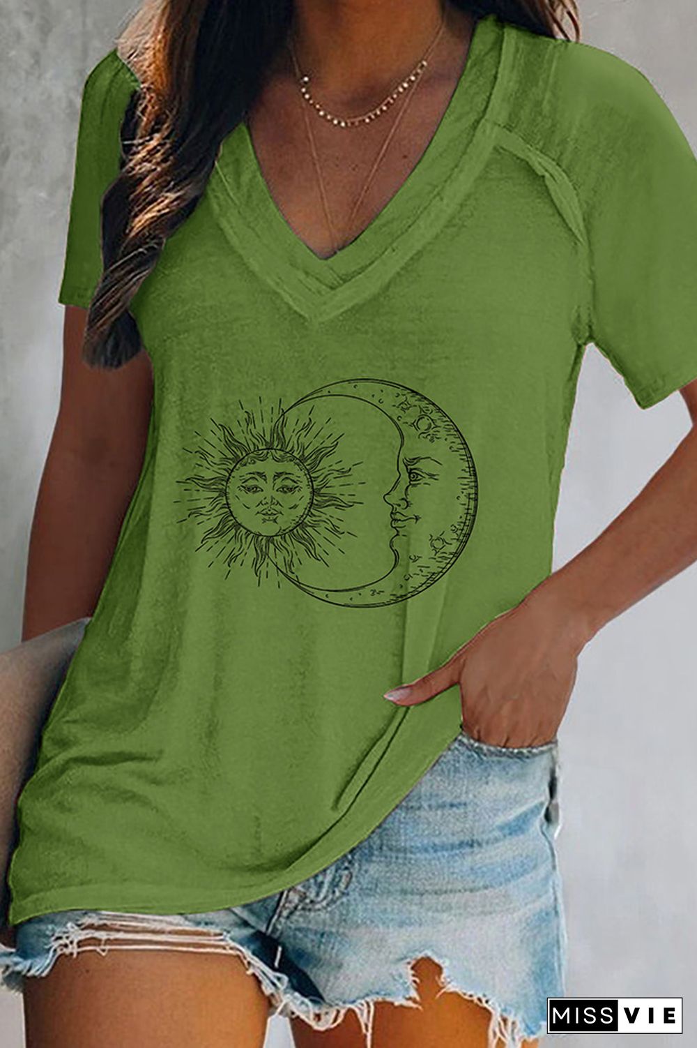 Sun And Moon Print V Neck Graphic Tee