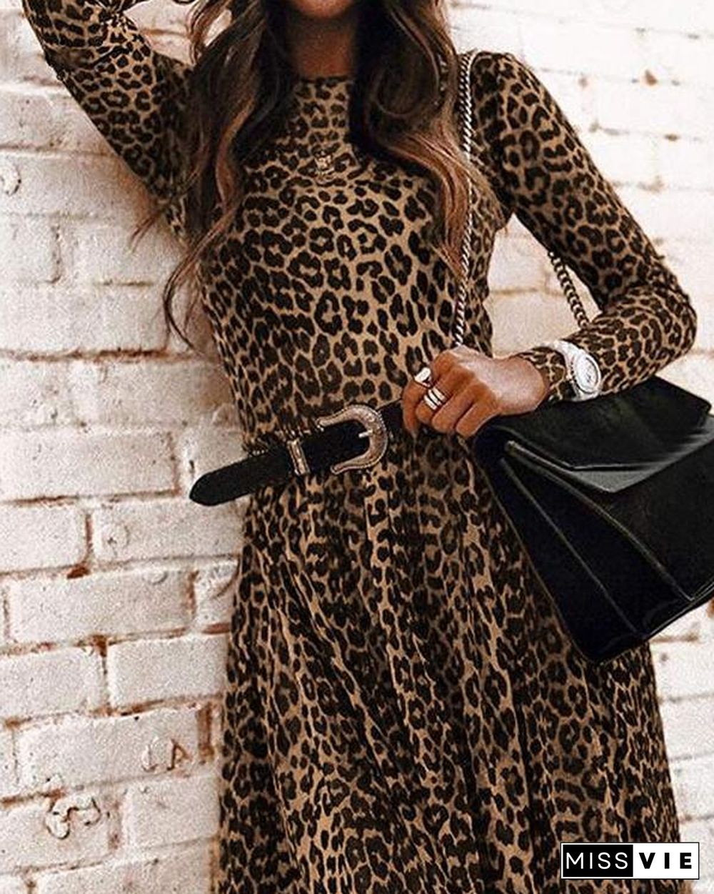 Holiday Leopard Print Crew Neck Dresses