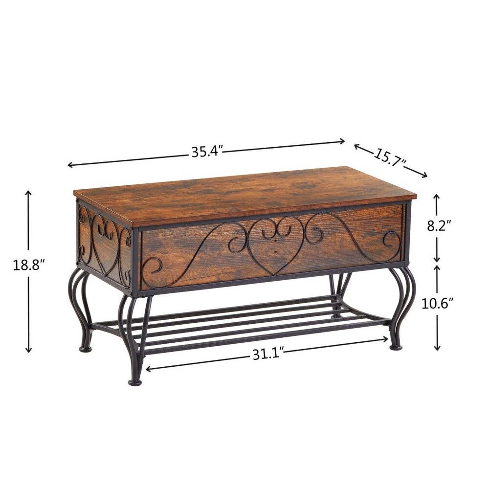 Industrial Metal Wood Bench with Shoe Storage Shelf for Entryway