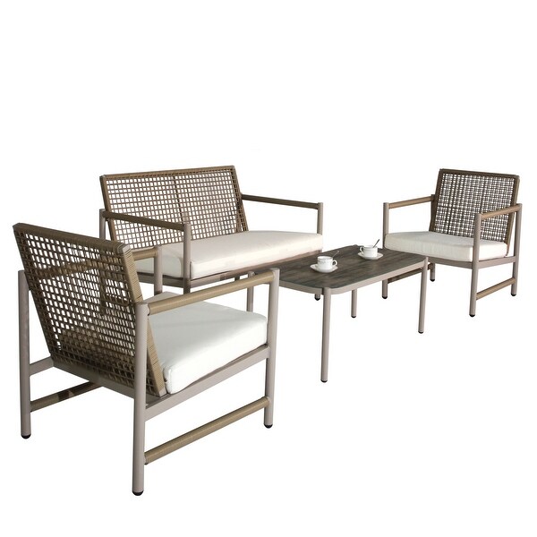 4Pieces Patio Conversation Sets，PE Rattan Wicker Outdoor Sofa Set with Washable Cushion and Tempered Glass Tabletop