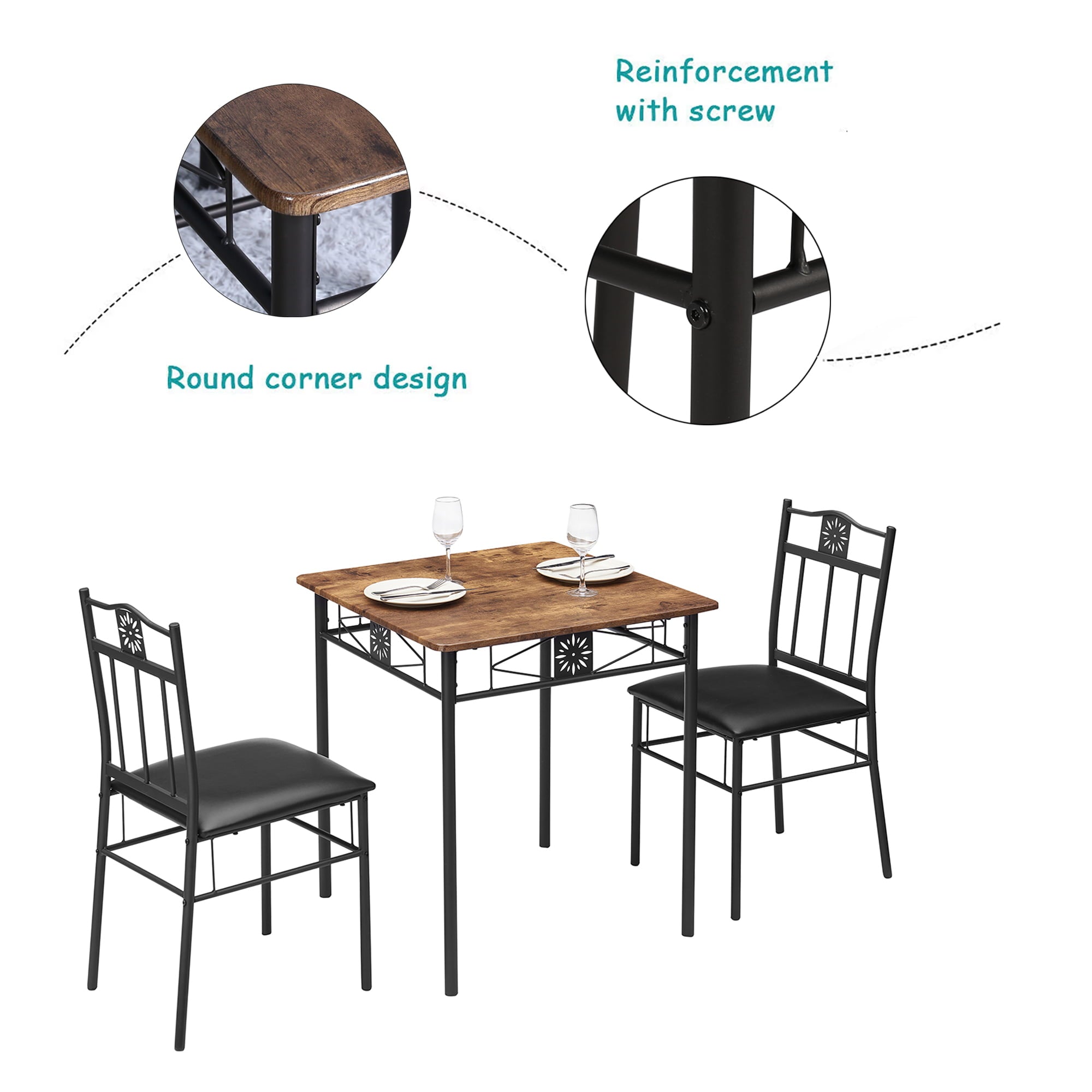 3-Piece Dining Table Sets with 2 Black Chairs for Kitchen, Dinette, Breakfast Nook, Brown