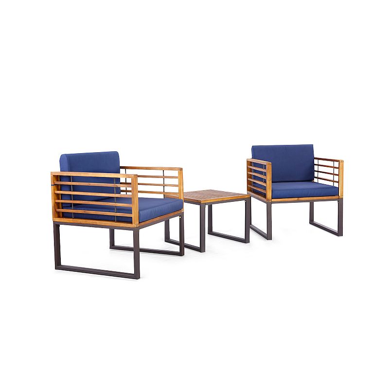 3 Pieces Patio Acacia Wood Conversation Set With Cushioned Armchairs -  Navy