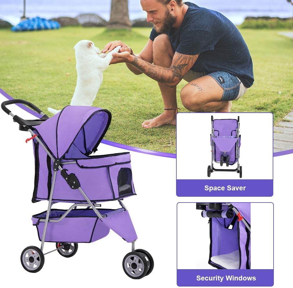 BestPet 3 Wheel Collapsible Pet Stroller，Purple