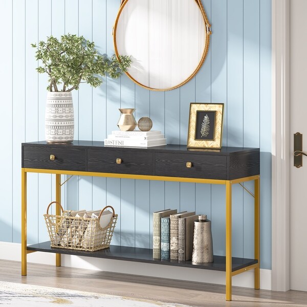 VANOMi 54.33'' Console Table with 3 Drawers， Black Entryway Table with Storage Shelves