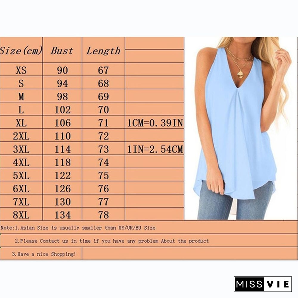 NEW Fashion Clothes Summer Women Casual Tops Loose V-neck T-shirt Solid Color Sleeveless Shirts Ladies Fashion Chiffon Pullover Tank Top Plus Size XS-8XL