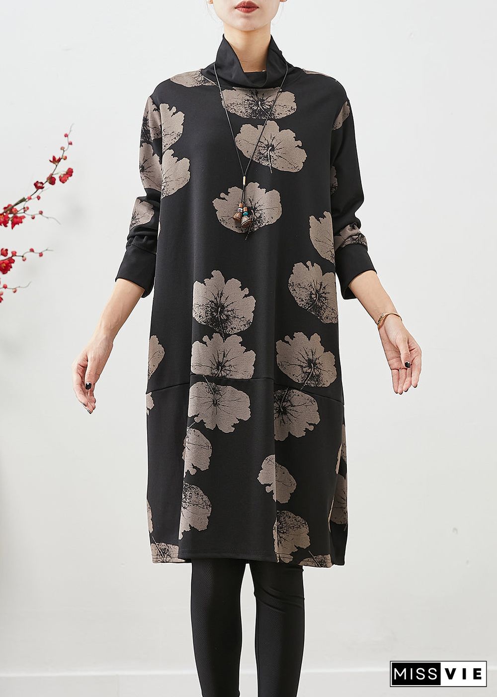 Women Black Turtle Neck Print Cotton Dresses Fall