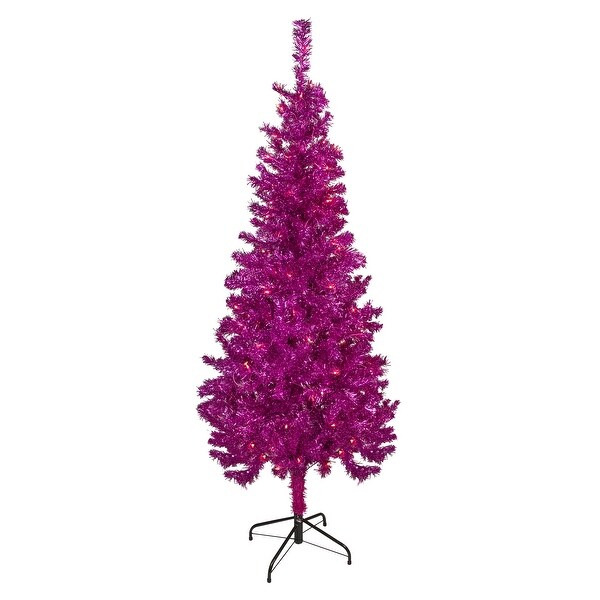 PreLit Pink Artificial Tinsel Christmas Tree Clear Lights