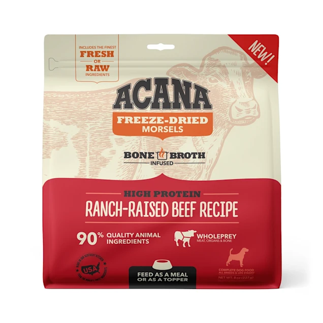 ACANA Grain Free High Protein Fresh and Raw Animal Ingredients Ranch-Raised Beef Recipe Freeze Dried Morsels Dog Food， 8 oz.