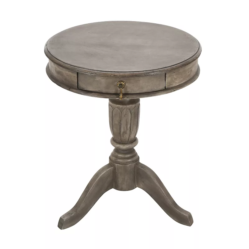 21 Inch Handcrafted Mango Wood Side Table with Drawer， Classic Pedestal Base and Round Top， Rustic Gray