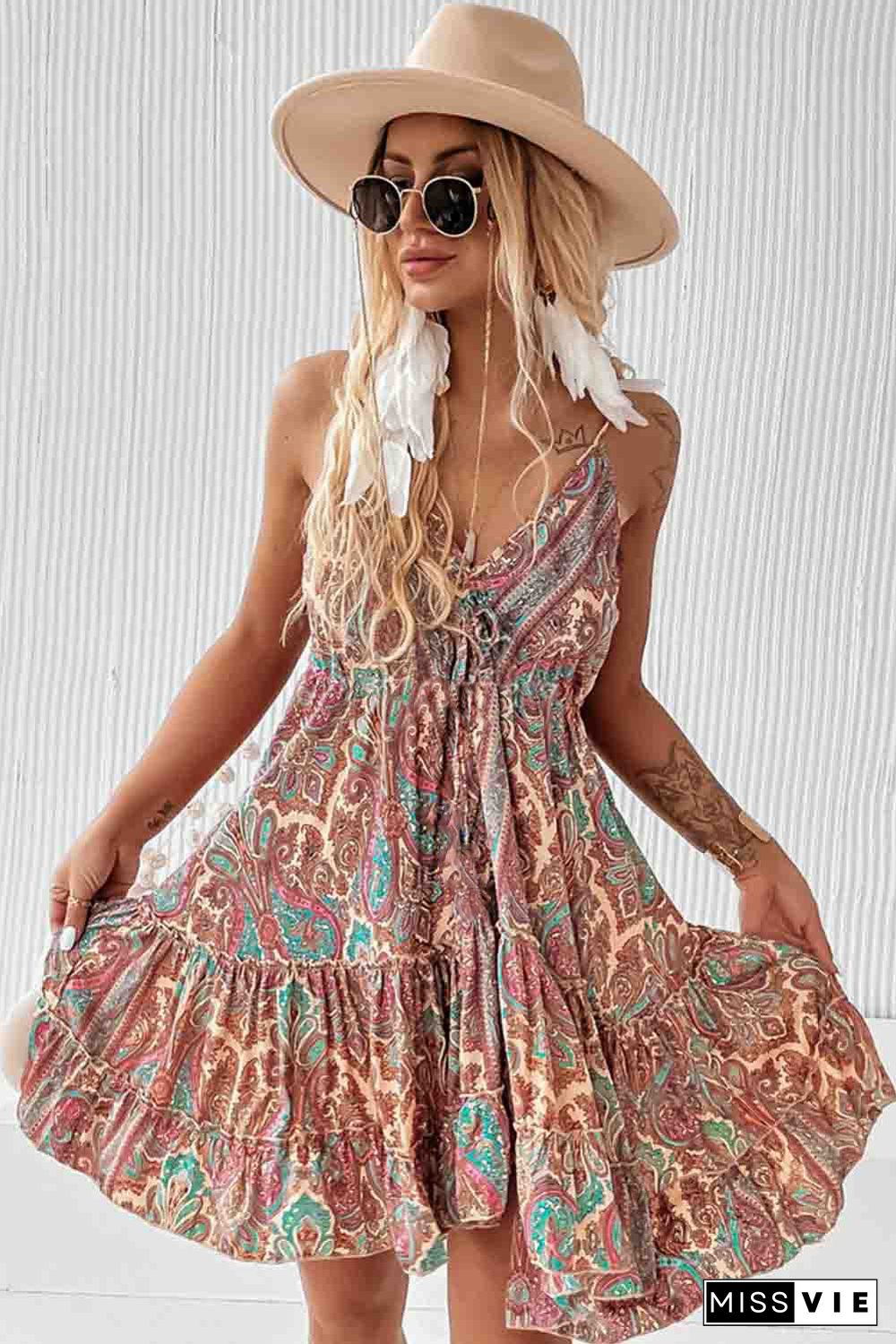 Brown Paisley Print Sleeveless V-Neck Tassel Tie Ruffle Dress