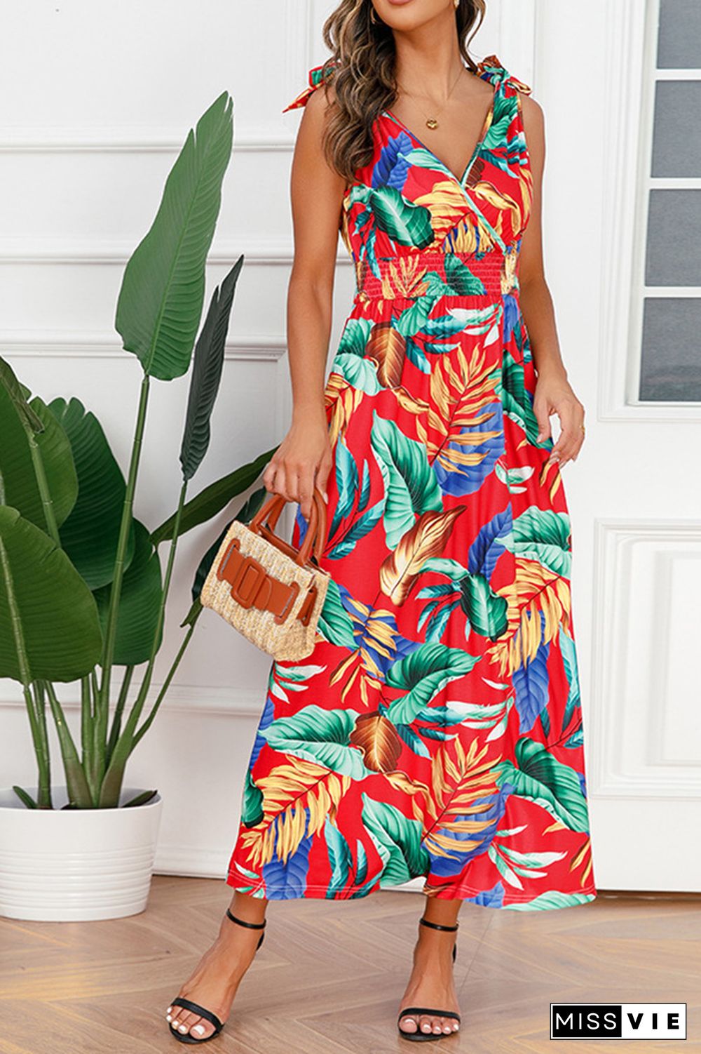 Palm Leaf Print Sleeveless Long Dress