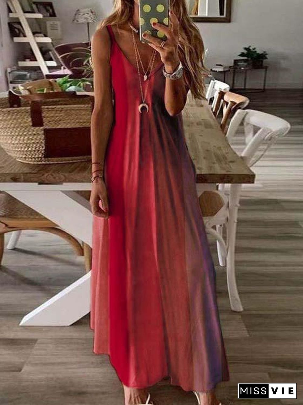 Women's Sleeveless V-neck Gradient Printed Maxi Slip Dress