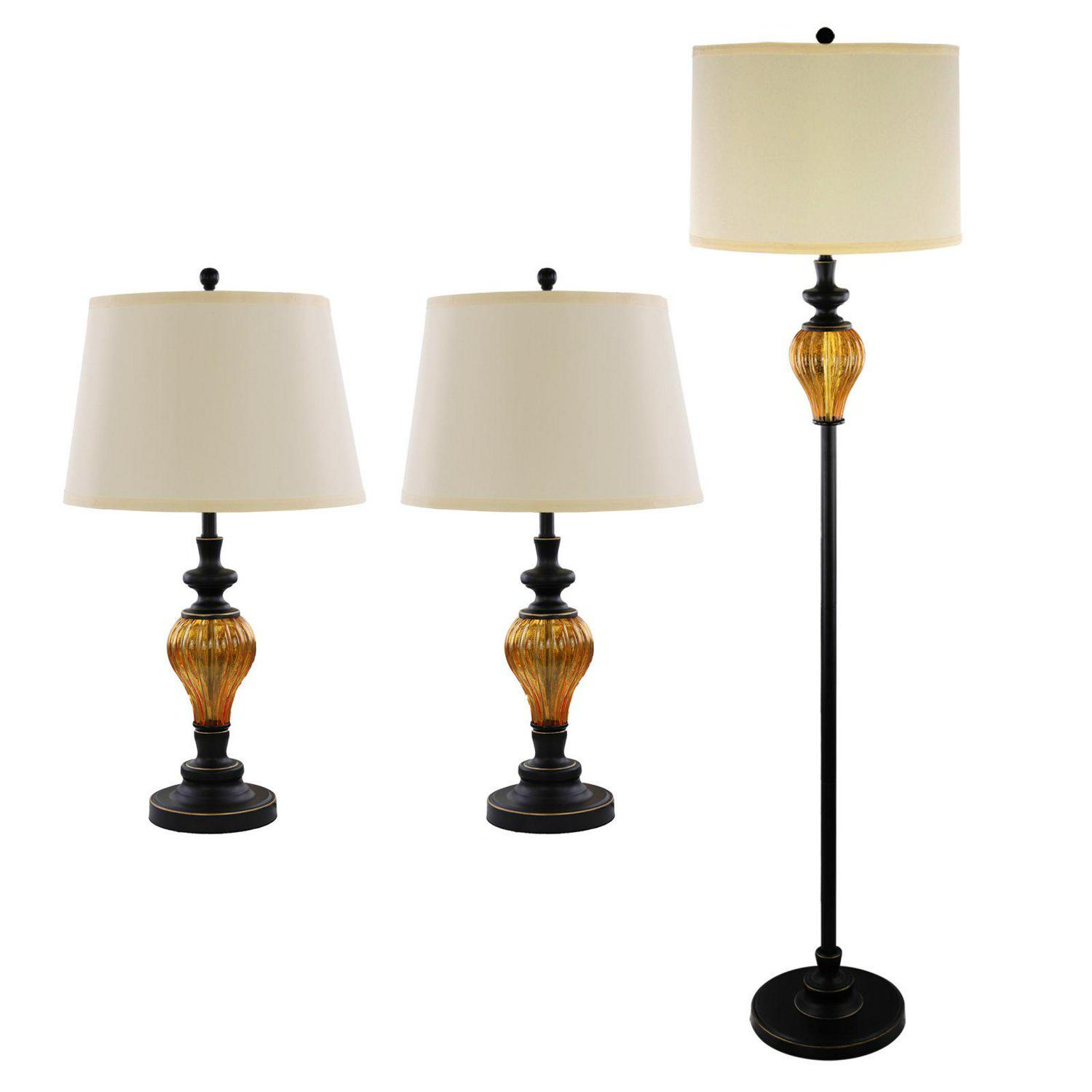 Abble Traditional Metal and Glass 3 Piece Lamp Set