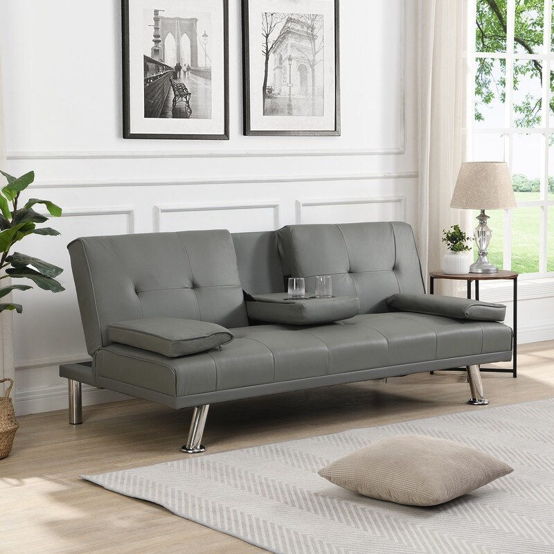 2 Holders Convertible Sectional Sofa Sleeper  Grey Couch Bed