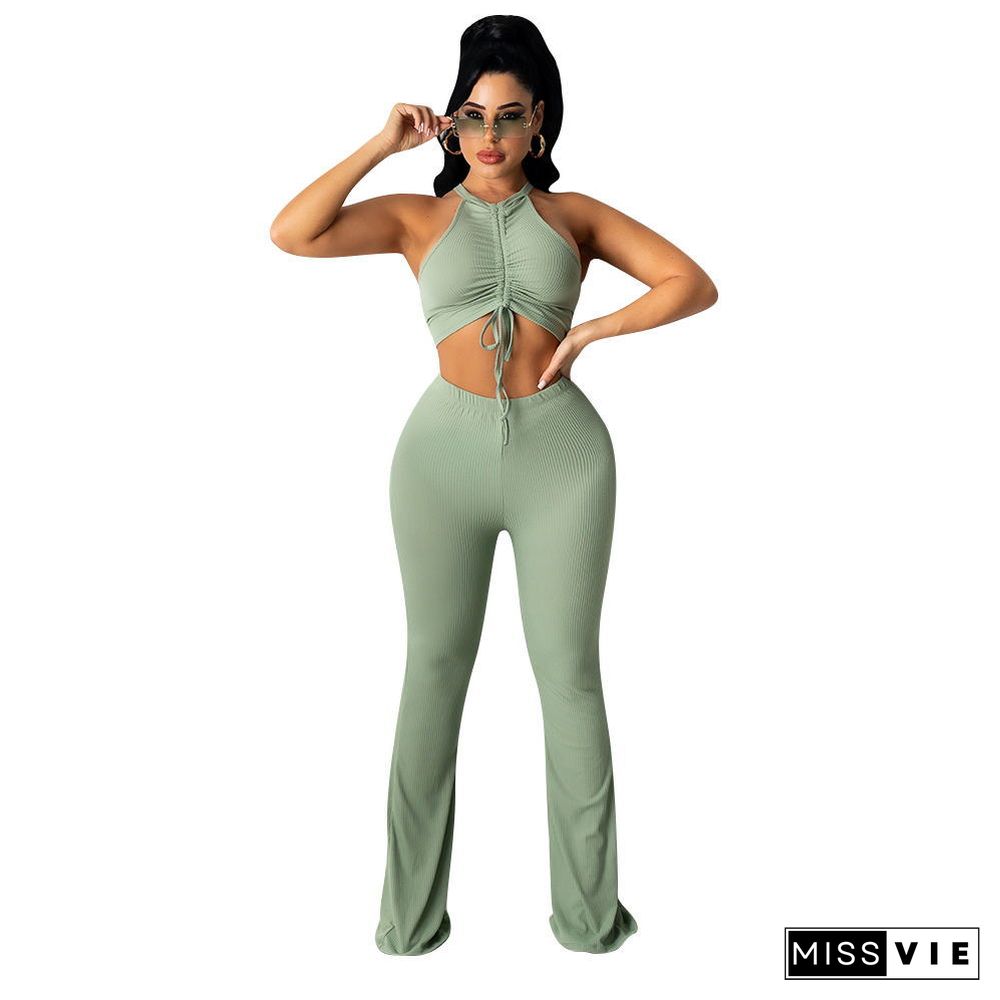 Solid Bandage Sleeveless Crop Top Flare Pants Set