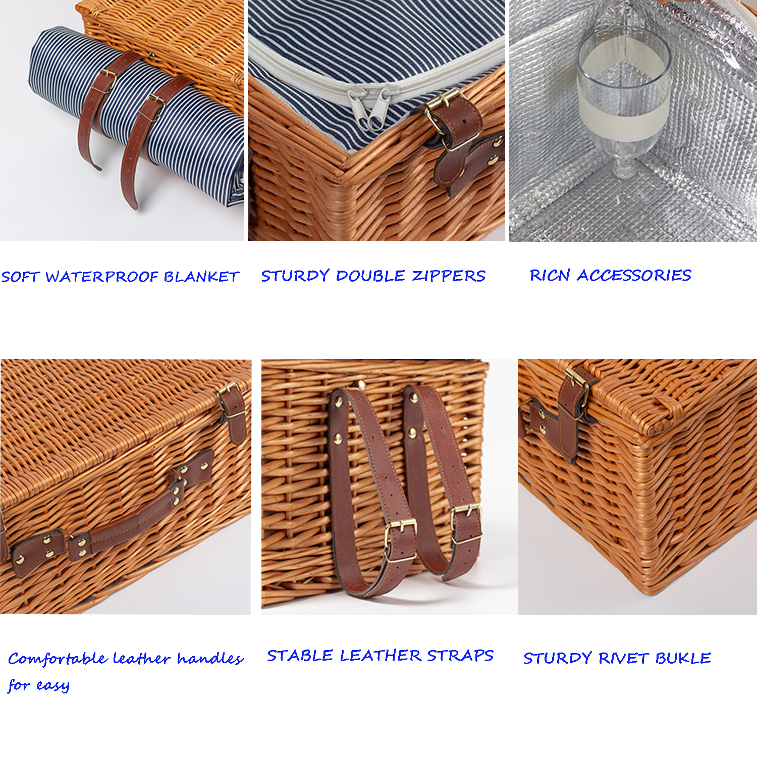 Ealing Large Wicker Picnic Basket Set for 4 with Insulated Cooler Compartment andWaterproof Blanket ，Cutlery Service Kit， Retro Classic Willow Hamper Set Picnic Basket for Camping Outdoor  (Brown）