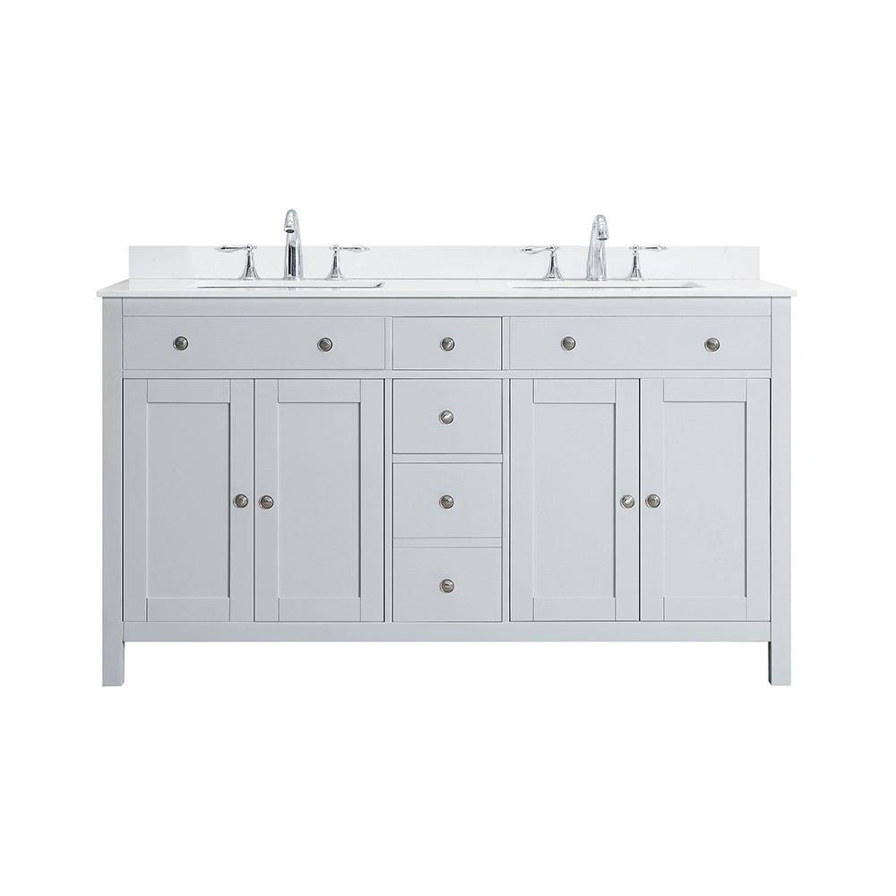 Home Decorators Collection Austen 60 in. W x 22 in. D Bath Vanity in Dove Grey with Marble Vanity Top in Yves White with White Sinks Austen 60G