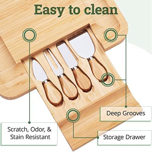 Bamboo Cheese Board Set With Cutlery In Slide-Out Drawer Including 4 Stainless Steel Knife and Serving Utensils