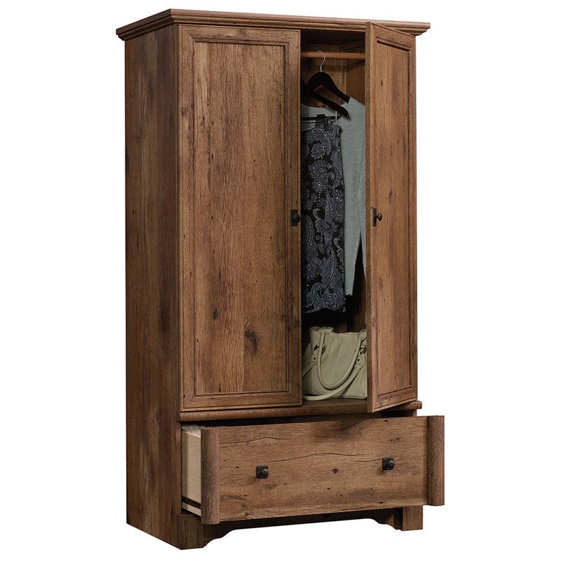 Pemberly Row Contemporary Wood Bedroom Armoire with Garment Rod in Vintage Oak