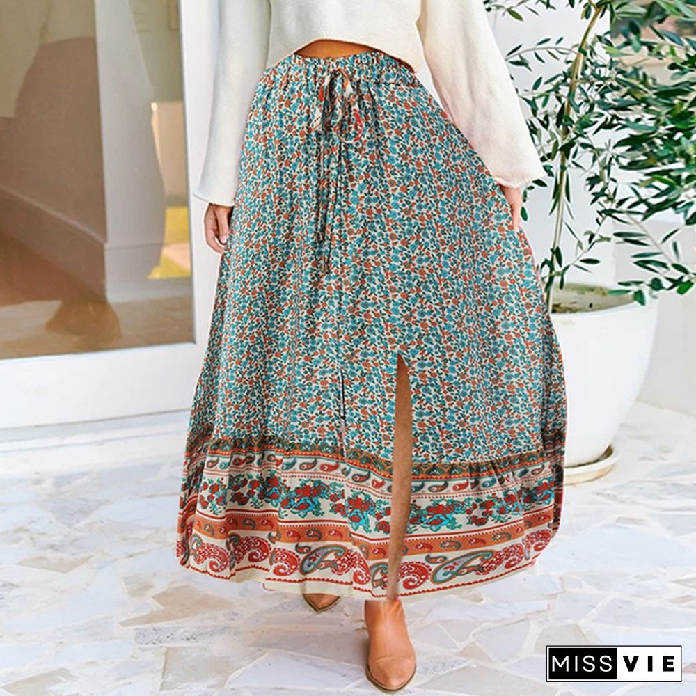 Women Floral Print Long Skirt Dress Elastic High Waist Bohemian Party Casual Swing Pleated Maxi Skirts Plus Size