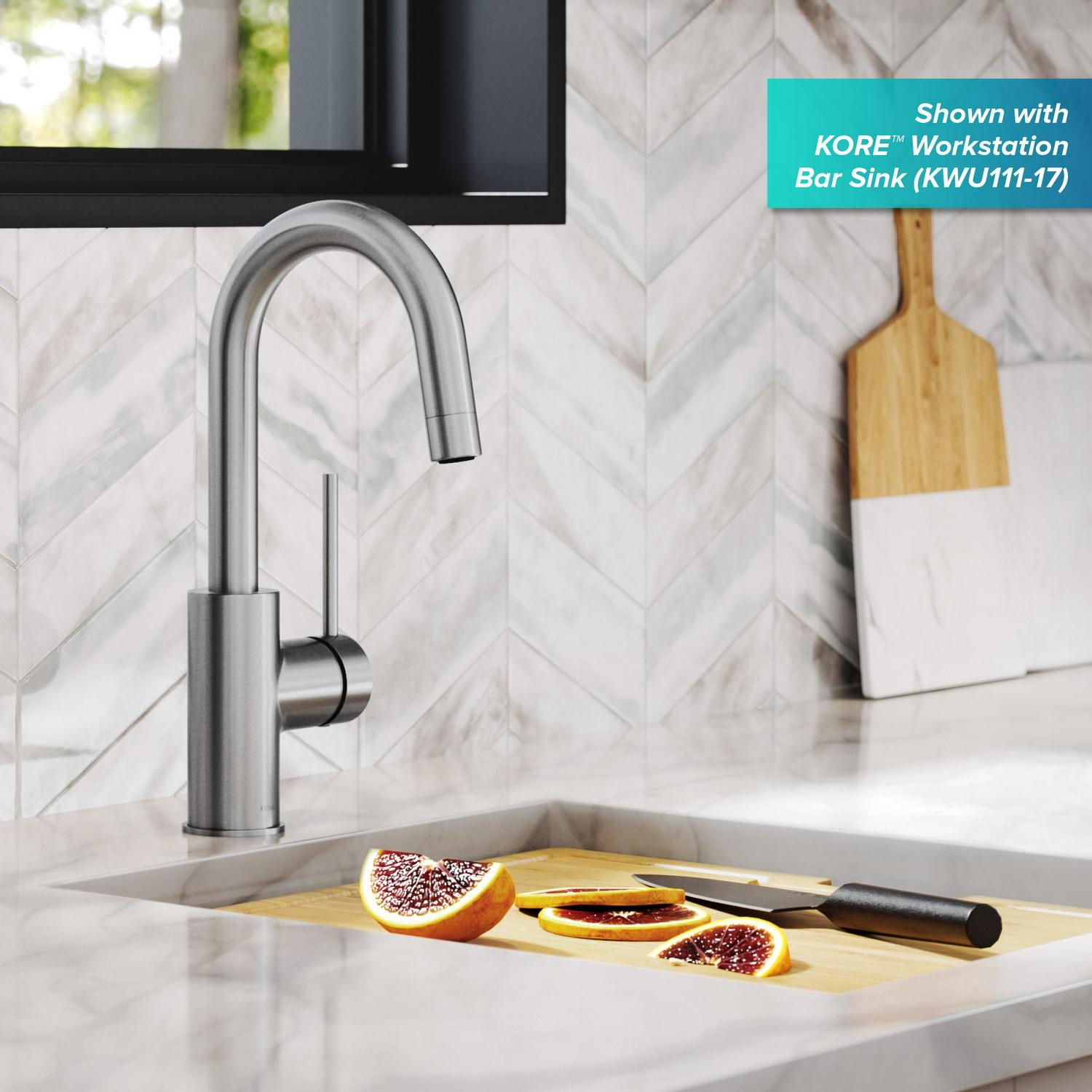 KRAUS Spot Free Oletto Single Handle Kitchen Bar Faucet in all-Brite Stainless Steel Finish