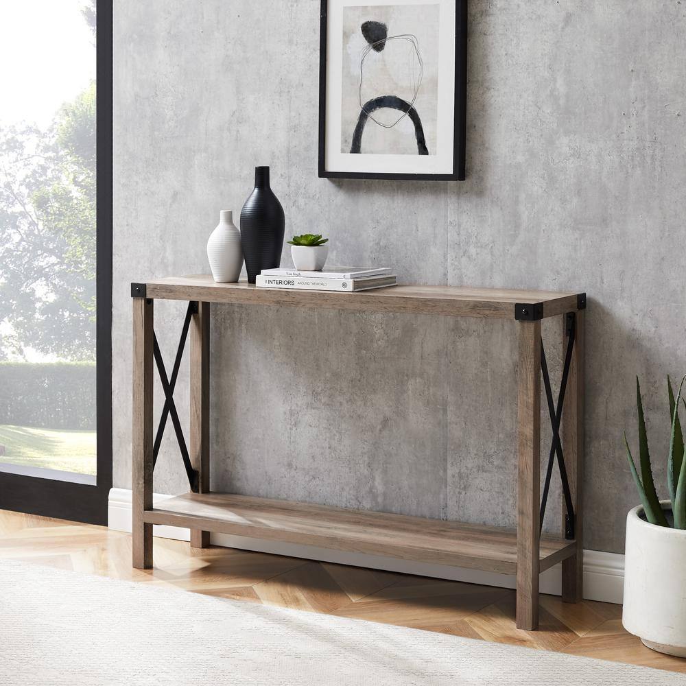 Walker Edison Furniture Company Industrial 46 in. Gray Wash Standard Rectangle Wood Console Table with Storage HDF46MXETGW