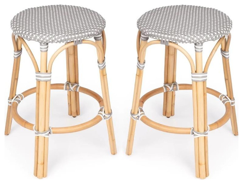 Home Square 2 Piece Rattan Counter Stool Set in Gray and White   Tropical   Outdoor Bar Stools And Counter Stools   by Homesquare  Houzz