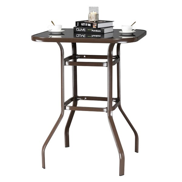 Wrought Iron Glass High Bar Table Patio Bar Table Brown