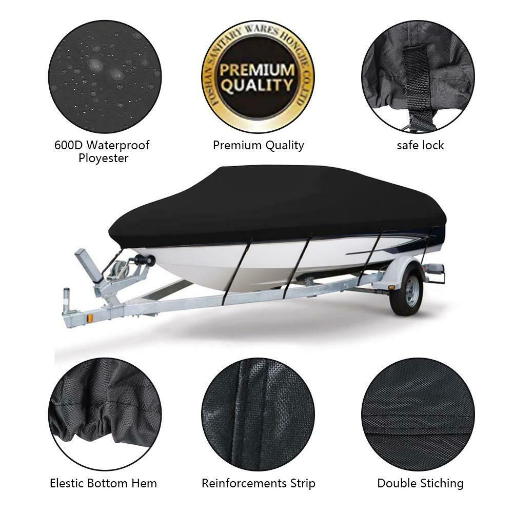 17-19ft Waterproof Heavy Duty Fabric Boat Cover， Oxford Trailerable Fits Fish Ski V-Hull Boats， Black