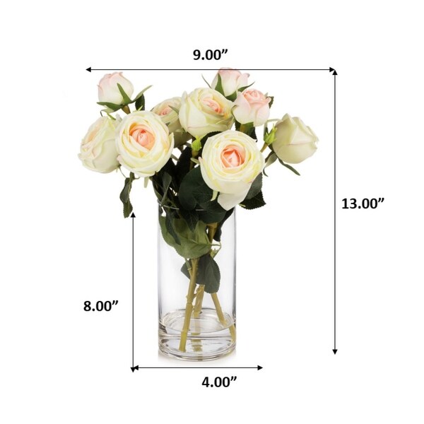 Enova Home Artificial Silk Rose Flowers in Clear Glass Vase with Faux Water for Home Office Wedding Decoration