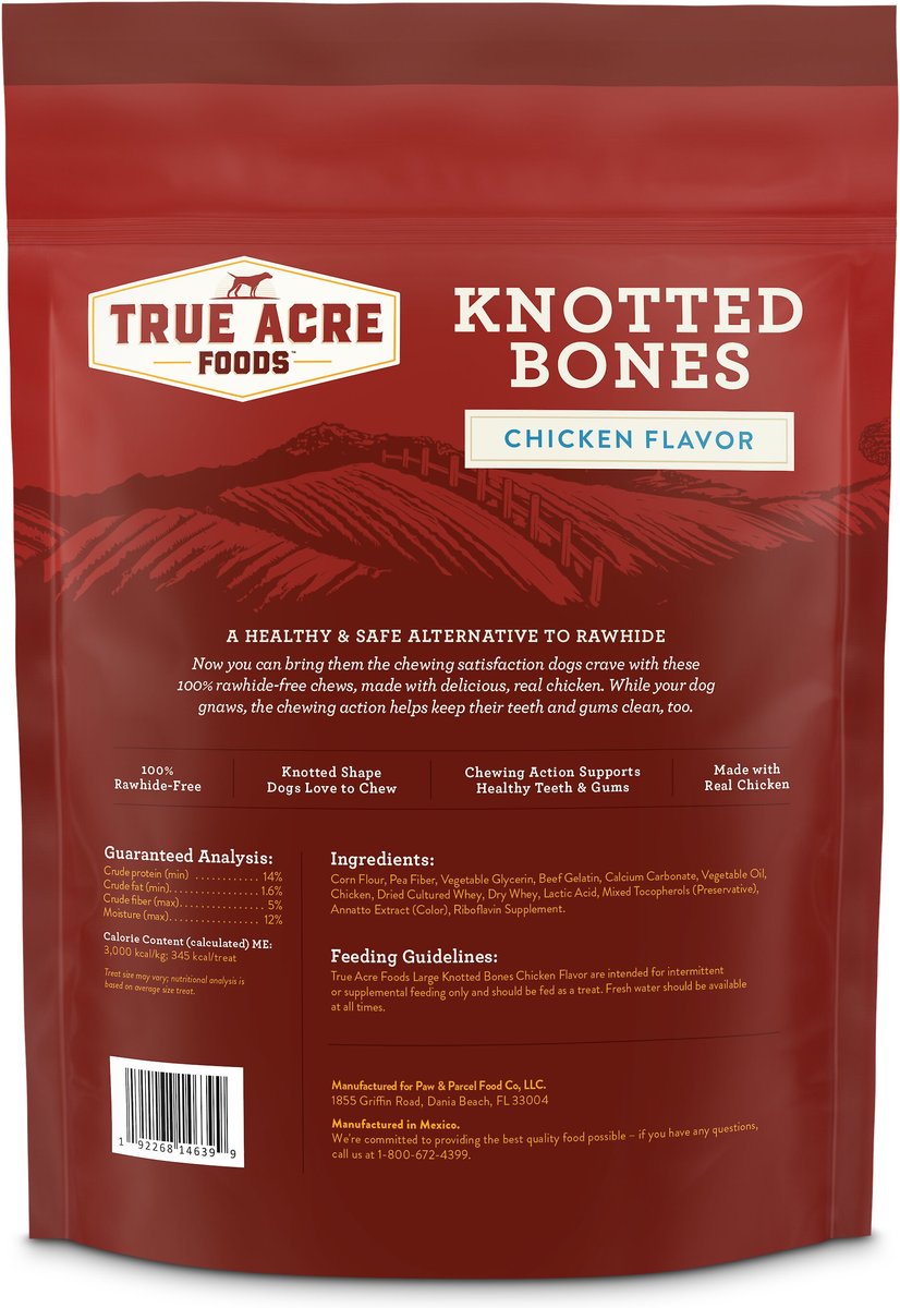 True Acre Foods Rawhide-Free Knotted Bones Chicken Flavor Treats， Large， 3 count