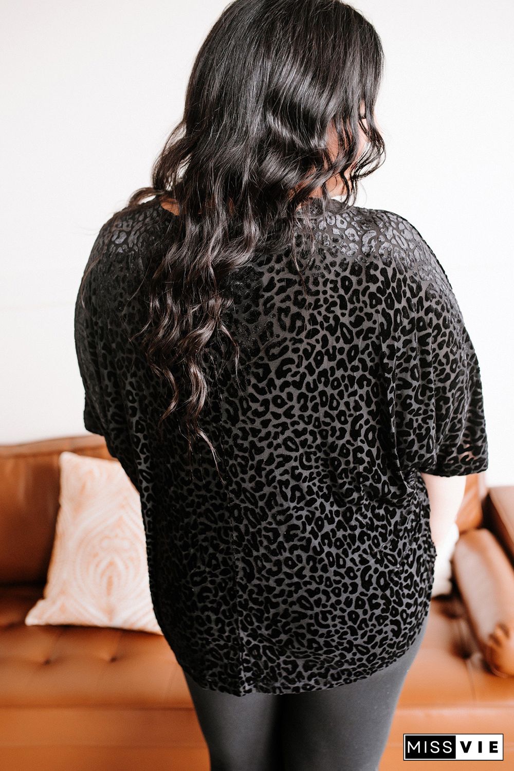 Black Plus Size Leopard Emboss V Neck Top