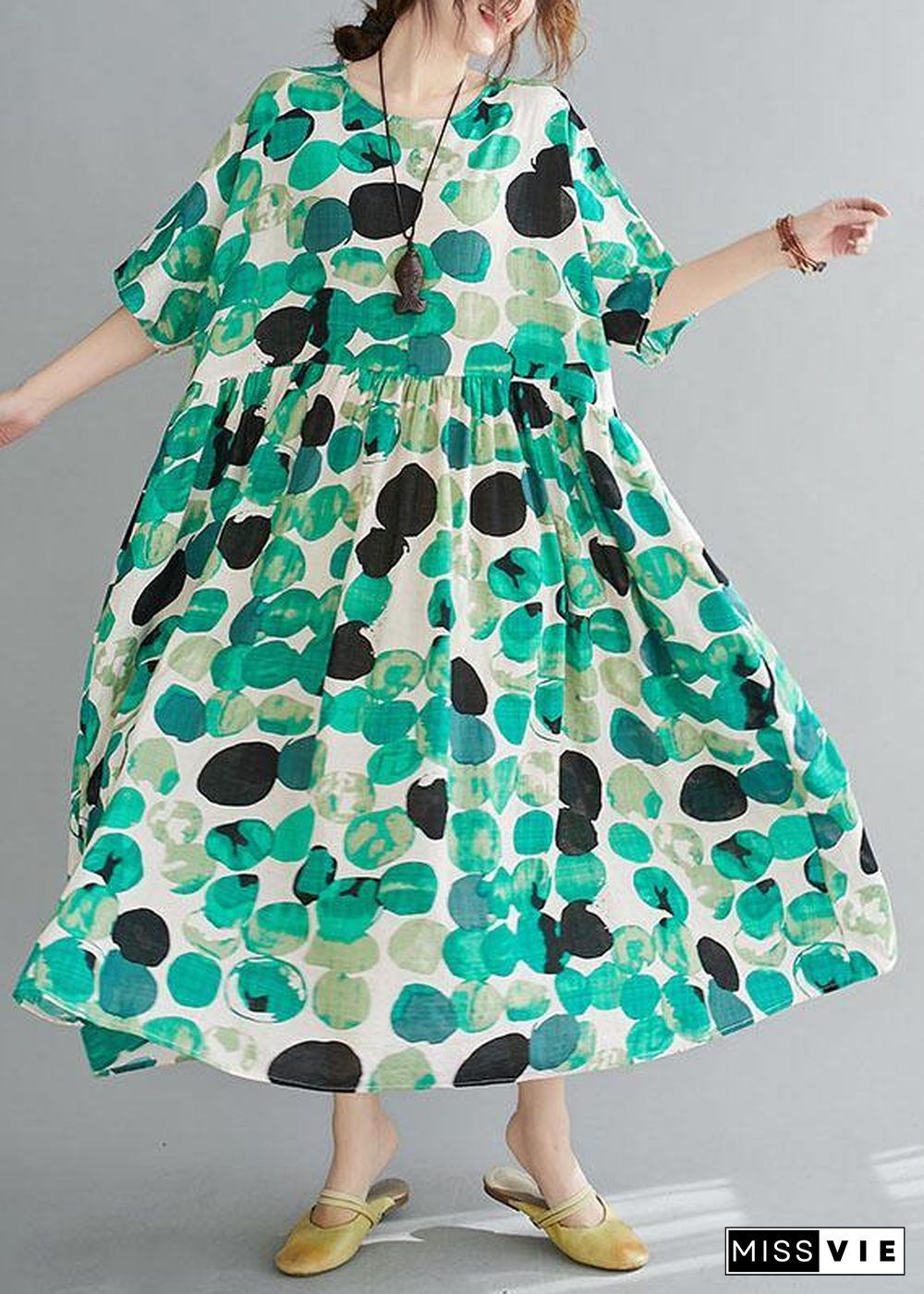 Fashion Green Dot Print Pockets Summer Vacation Dresses Half Sleeve