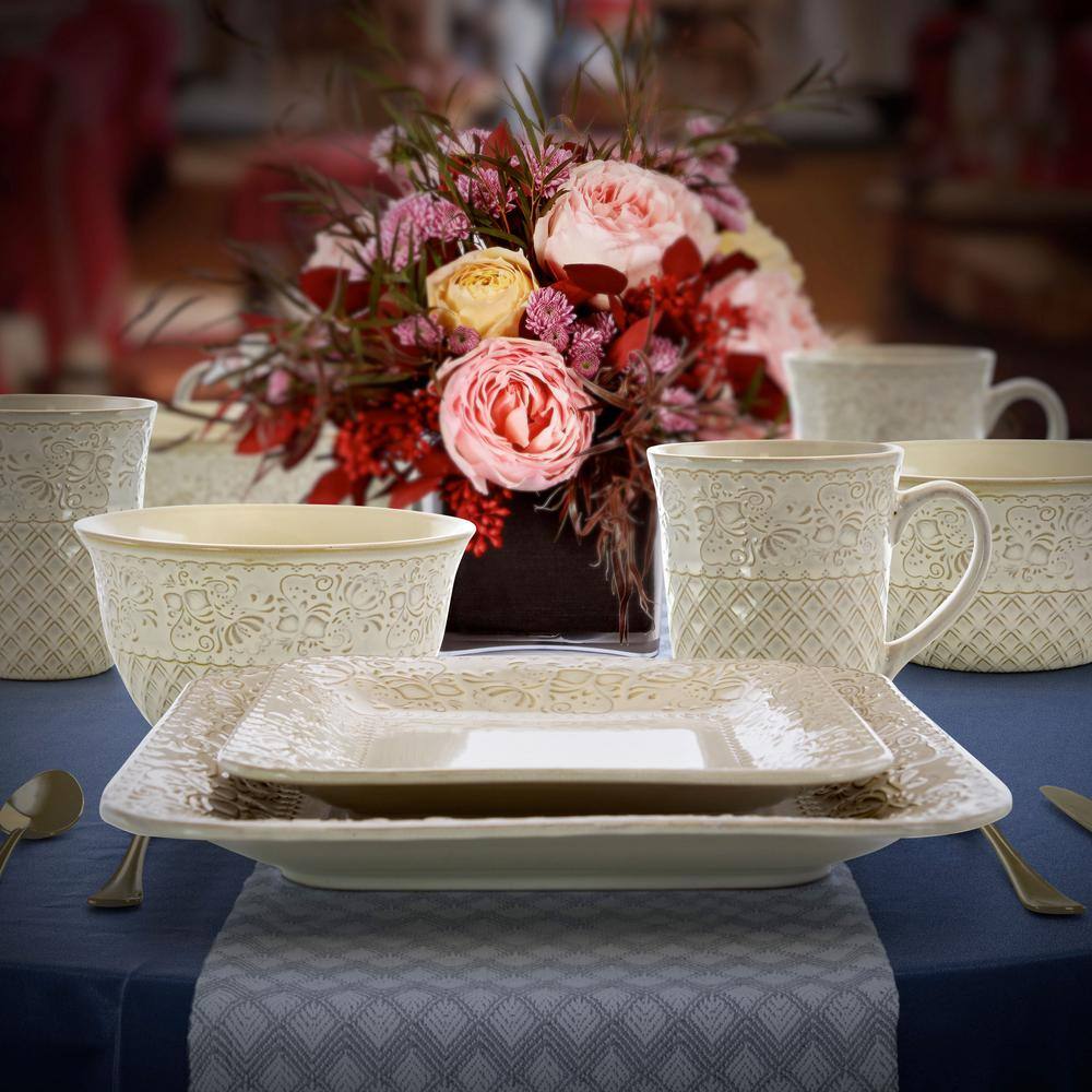 Elama Ivory Lotus 16-Piece Traditional White Stoneware Dinnerware Set (Service for 4) 985112445M