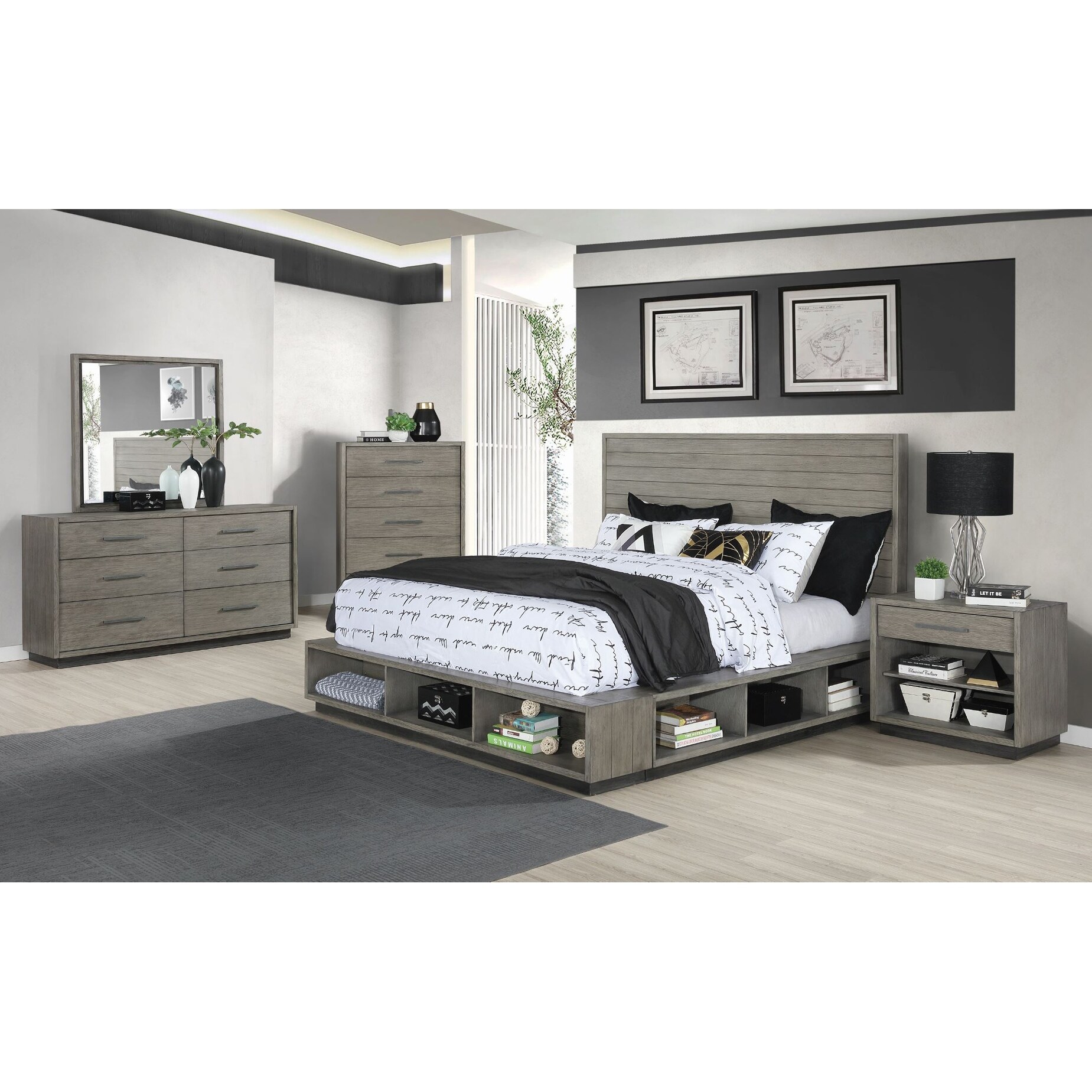 Ventura Grey Oak 3-piece Storage Bedroom Set with Dresser and Mirror - - 35216504