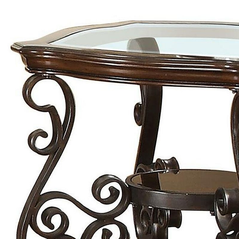 Traditional Solid End Table With Glass Inset， Metal Scrolls and 2 Shelves， Brown