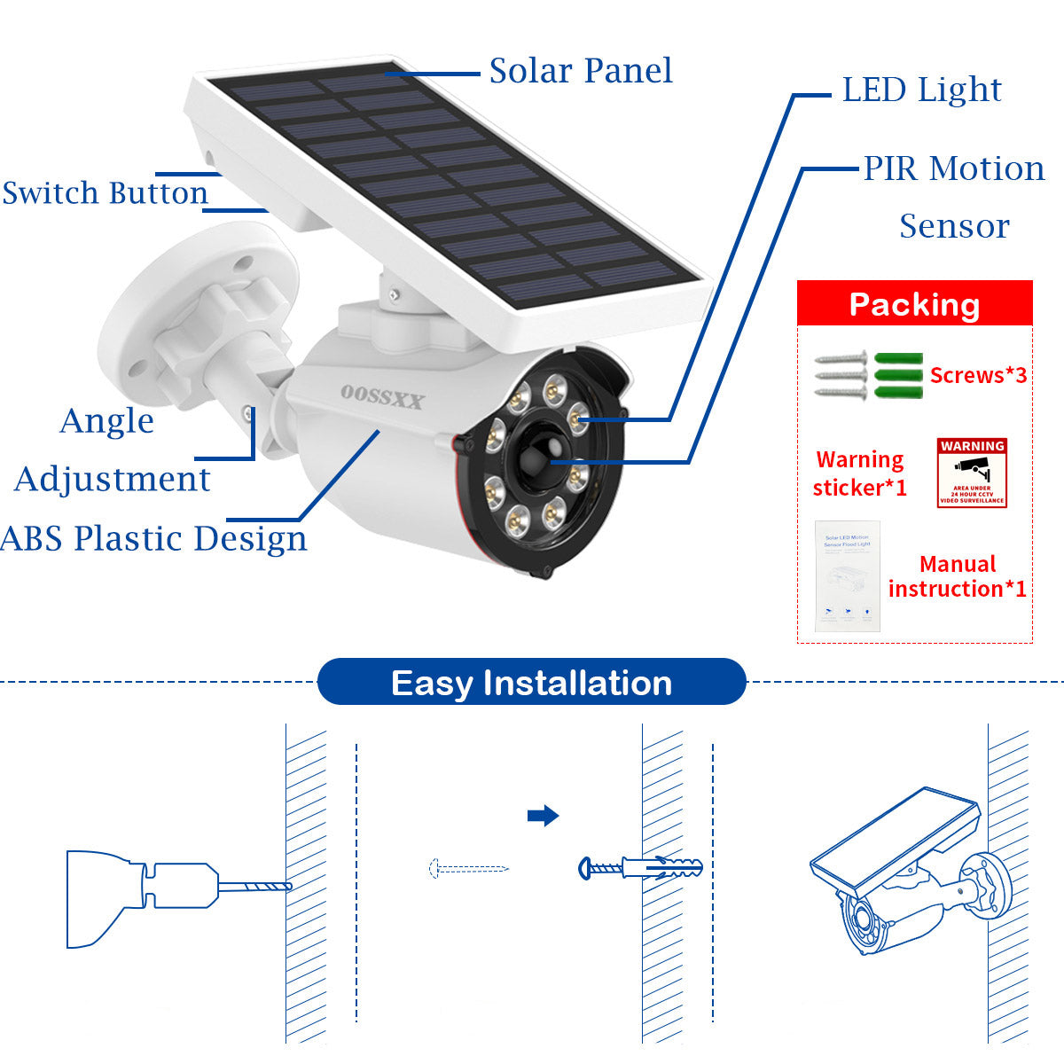 OOSSXX {Wire Free Solar Motion Light} Outdoor Motion Sensor Solar Powered Wireless Fake Camera Brightest Floodlights Spot Lighting Waterproof Spotlight Home Security LED Lights Activated Detector