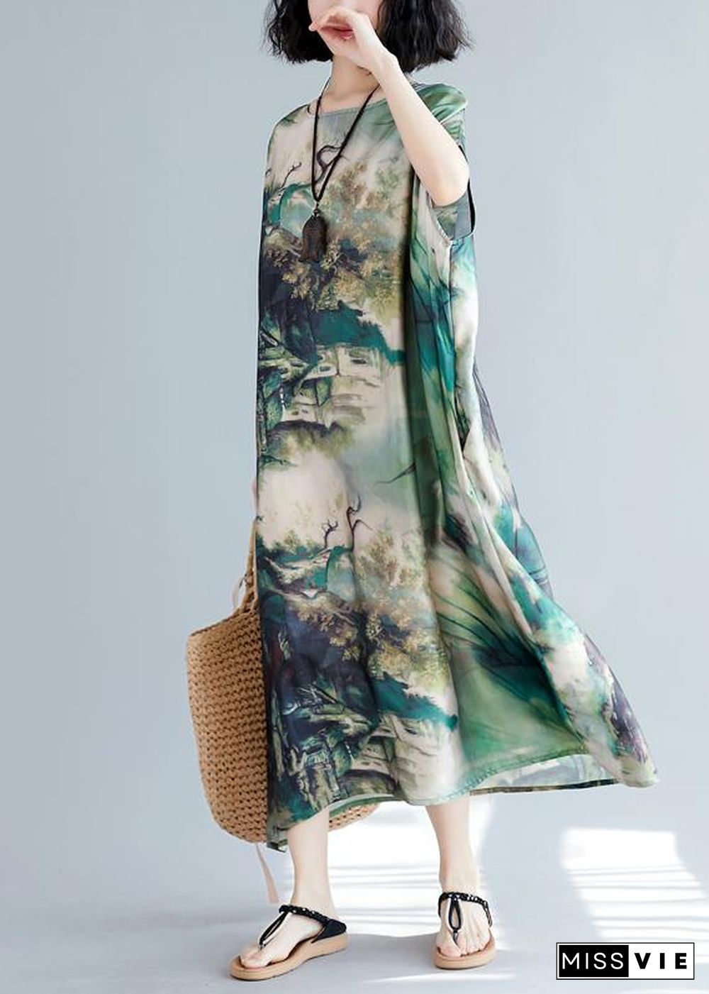 French green print clothes Women o neck batwing sleeve Traveling summer Dresses