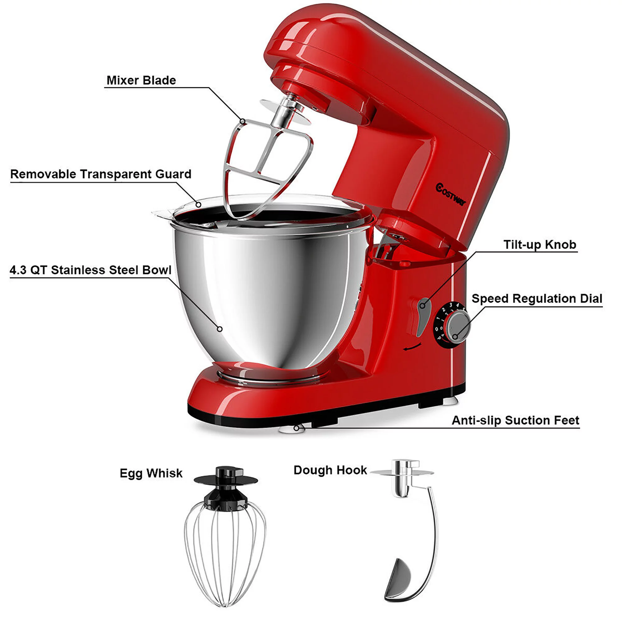 Costway Electric Food Stand Mixer 6-Speed 4.3Qt 550W Tilt-Head， Stainless Steel Bowl， Red