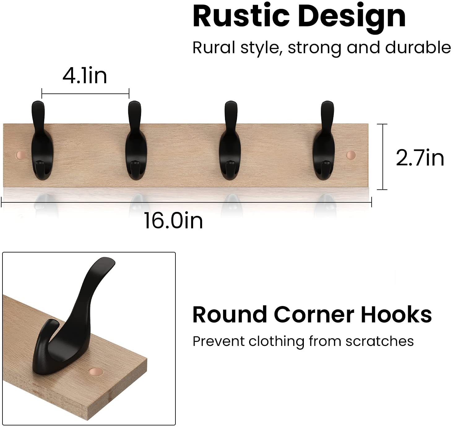 Coat Rack Wall Mount 2 Packs， Entryway Coat Rack with 4 Wall Hooks， Coat Hat Hanger for Wall Organized and Storage in Living Room， Bedroom Light Brown